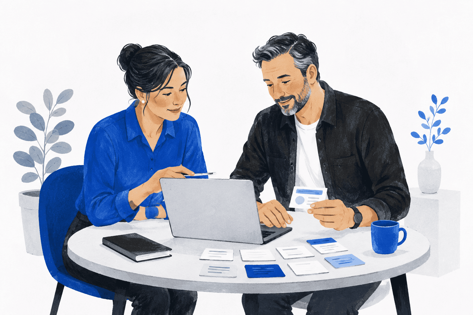 Illustration of a guide helping a professional organise their work at a laptop