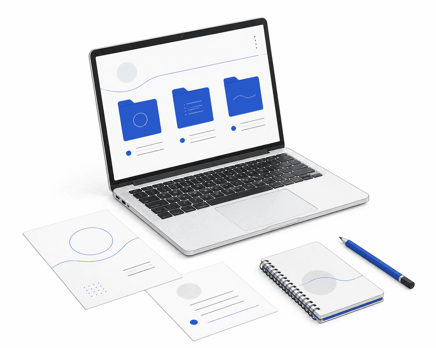 Illustration of a laptop with organised blue folders, notes and a notebook